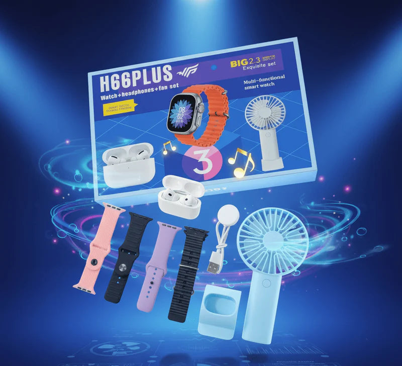 3-in-1 Smart Watch Set – Smart Watch, Wireless Earbuds & Mini Fan Combo