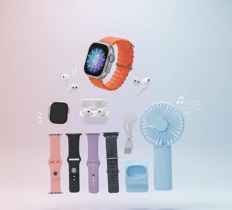 3-in-1 Smart Watch Set – Smart Watch, Wireless Earbuds & Mini Fan Combo
