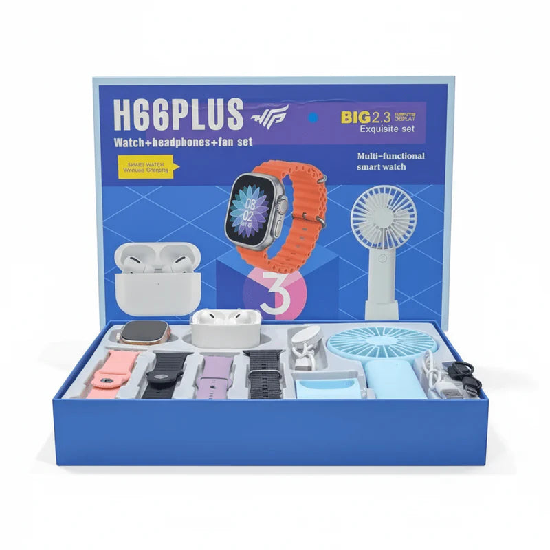 3-in-1 Smart Watch Set – Smart Watch, Wireless Earbuds & Mini Fan Combo