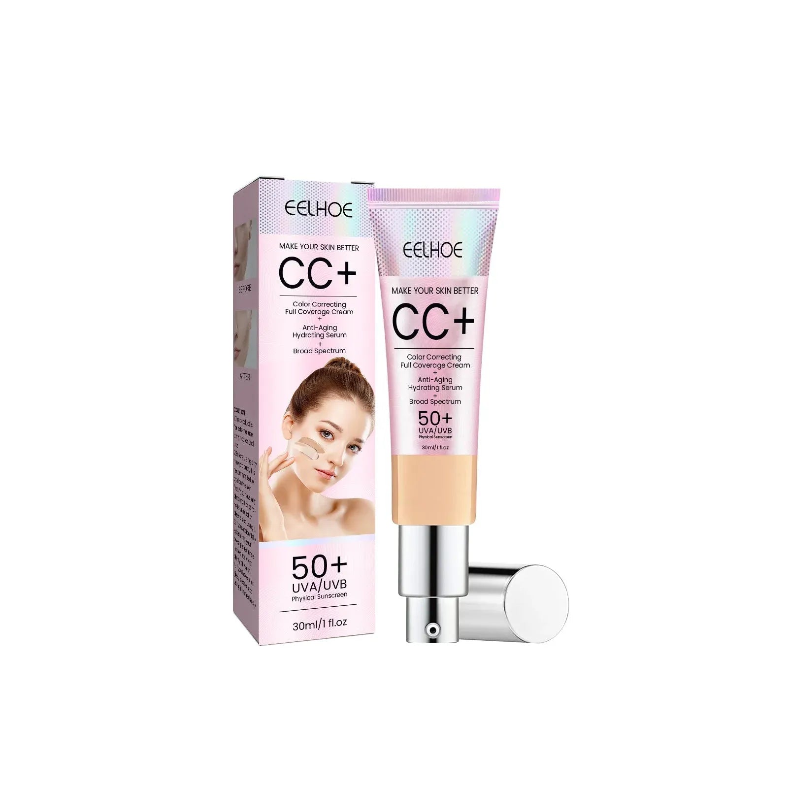 EELHOE CC+ Color Correcting Cream SPF 50+ with hydrating full coverage formula for a smooth, radiant-looking complexion.