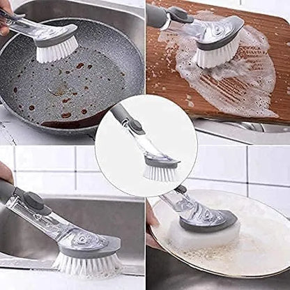 Soap dispensing dish brush with refillable handle for cleaning dishes, pots, pans, sinks, and kitchen surfaces.