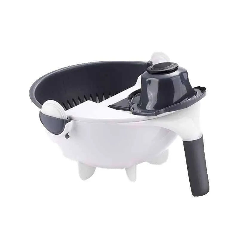 3-in-1 wet basket vegetable cutter and strainer with built-in slicer for washing, draining, and slicing vegetables.