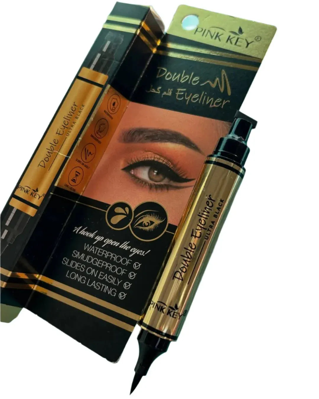 Pink Key Double Eyeliner Pen with 2-in-1 dual tip, waterproof, smudge-resistant, and long-lasting ultra-black formula for precise eye makeup.