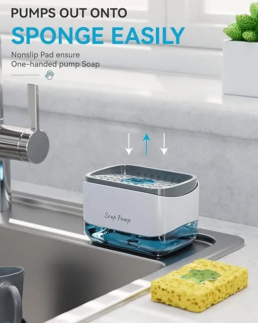 2-in-1 kitchen soap dispenser with built-in sponge holder and manual pump for easy dishwashing and sink organization.