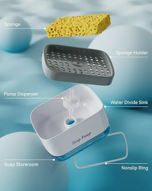 2-in-1 kitchen soap dispenser with built-in sponge holder and manual pump for easy dishwashing and sink organization.
