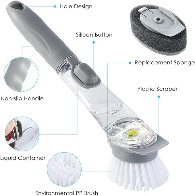 Soap dispensing dish brush with refillable handle for cleaning dishes, pots, pans, sinks, and kitchen surfaces.