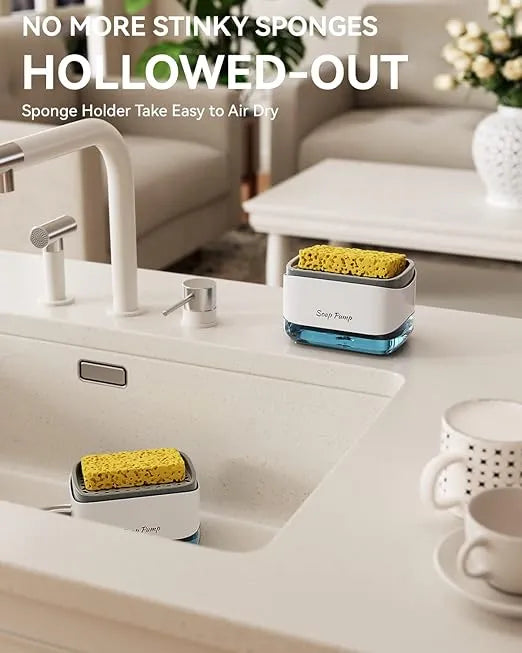 2-in-1 kitchen soap dispenser with built-in sponge holder and manual pump for easy dishwashing and sink organization.