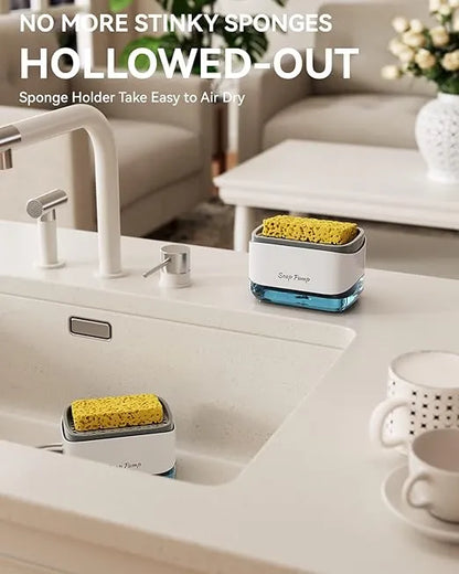 2-in-1 kitchen soap dispenser with built-in sponge holder and manual pump for easy dishwashing and sink organization.