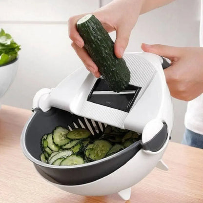 3-in-1 wet basket vegetable cutter and strainer with built-in slicer for washing, draining, and slicing vegetables.