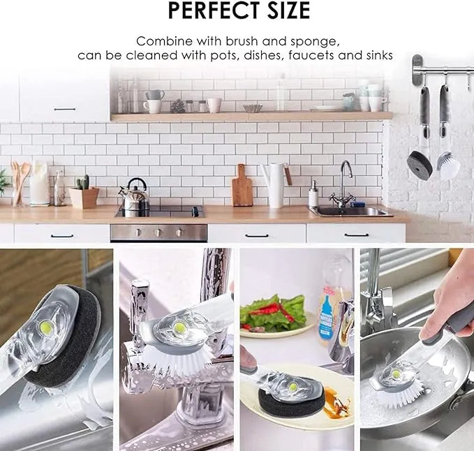 Soap dispensing dish brush with refillable handle for cleaning dishes, pots, pans, sinks, and kitchen surfaces.
