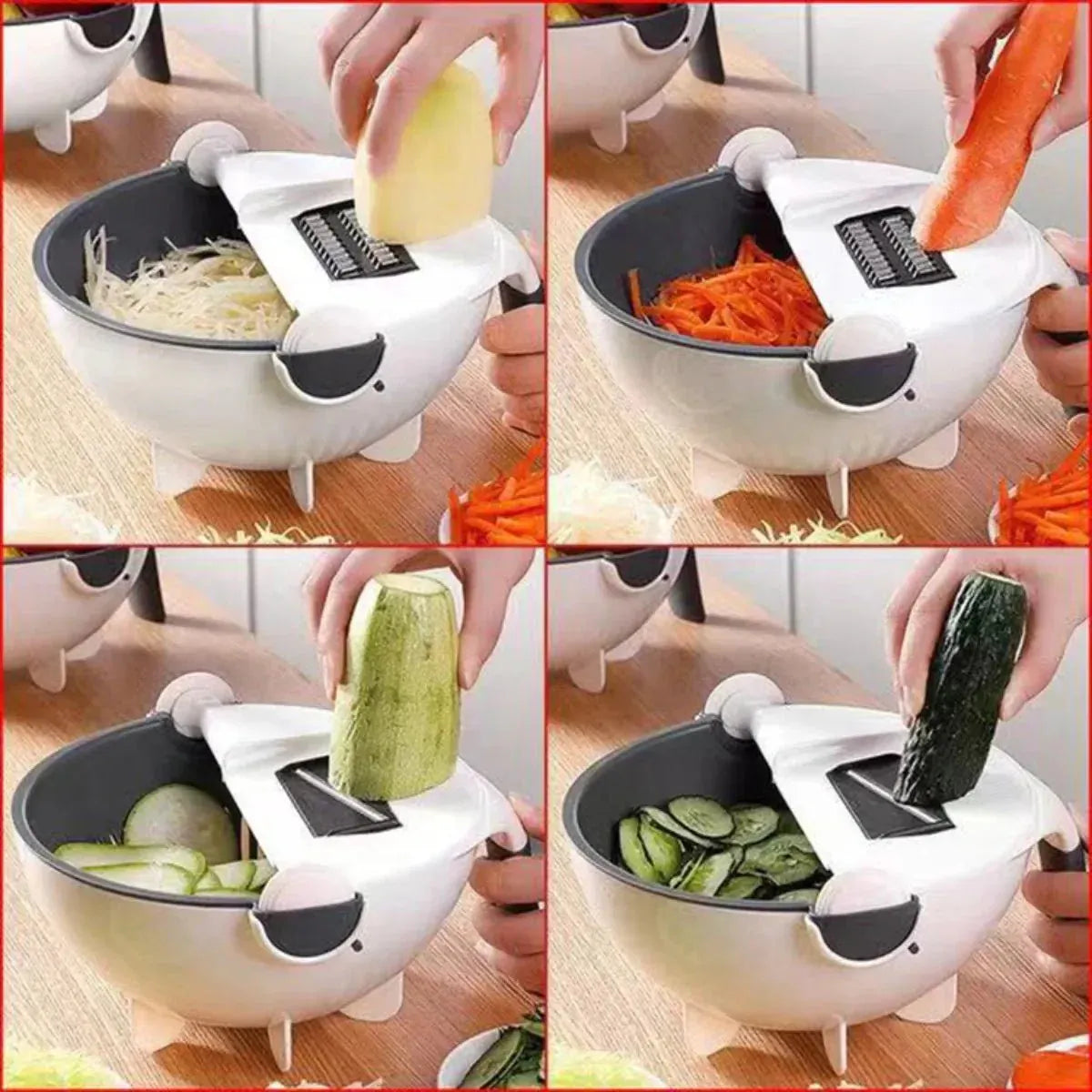 3-in-1 wet basket vegetable cutter and strainer with built-in slicer for washing, draining, and slicing vegetables.