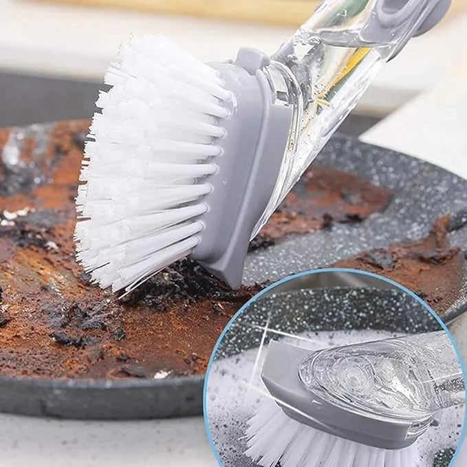Soap dispensing dish brush with refillable handle for cleaning dishes, pots, pans, sinks, and kitchen surfaces.