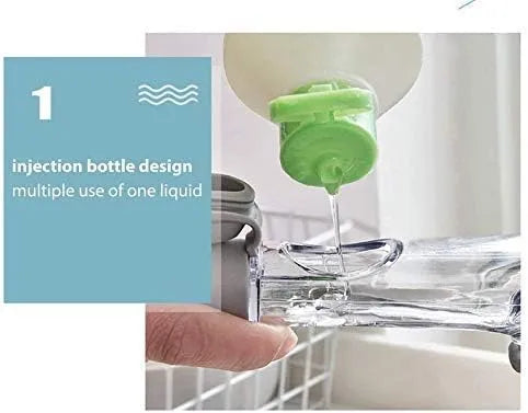 Soap dispensing dish brush with refillable handle for cleaning dishes, pots, pans, sinks, and kitchen surfaces.