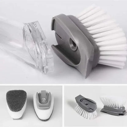 Soap dispensing dish brush with refillable handle for cleaning dishes, pots, pans, sinks, and kitchen surfaces.
