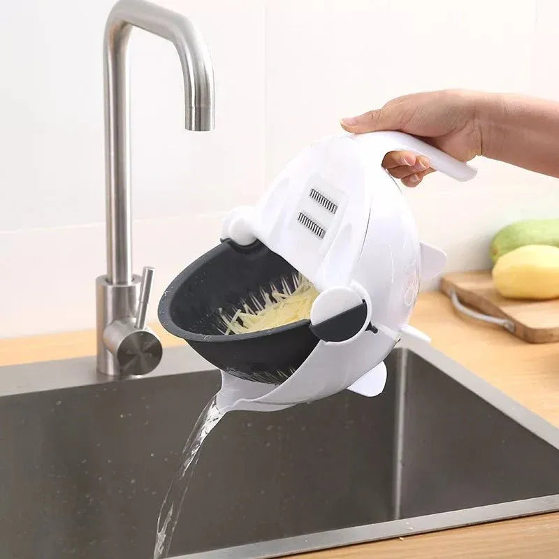 3-in-1 wet basket vegetable cutter and strainer with built-in slicer for washing, draining, and slicing vegetables.