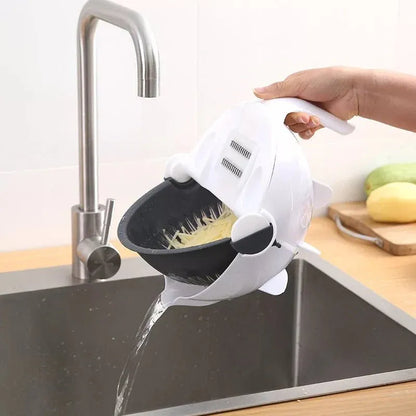 3-in-1 wet basket vegetable cutter and strainer with built-in slicer for washing, draining, and slicing vegetables.