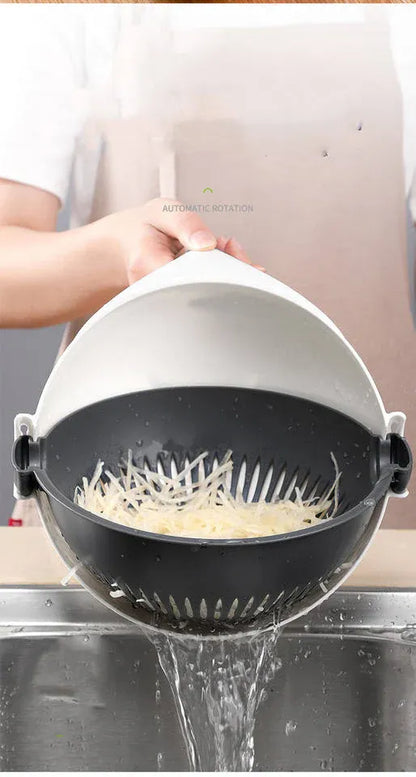 3-in-1 wet basket vegetable cutter and strainer with built-in slicer for washing, draining, and slicing vegetables.