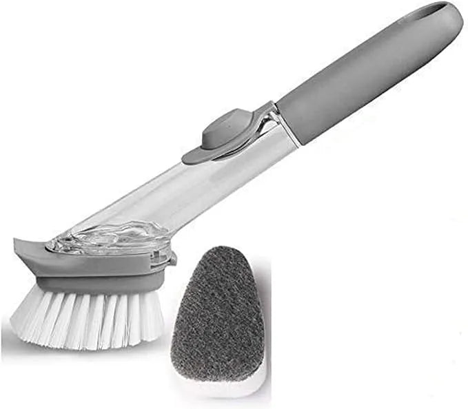 Soap dispensing dish brush with refillable handle for cleaning dishes, pots, pans, sinks, and kitchen surfaces.