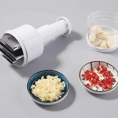 Manual garlic and vegetable chopper with stainless steel blades for chopping garlic, chili, onion, ginger, and herbs.