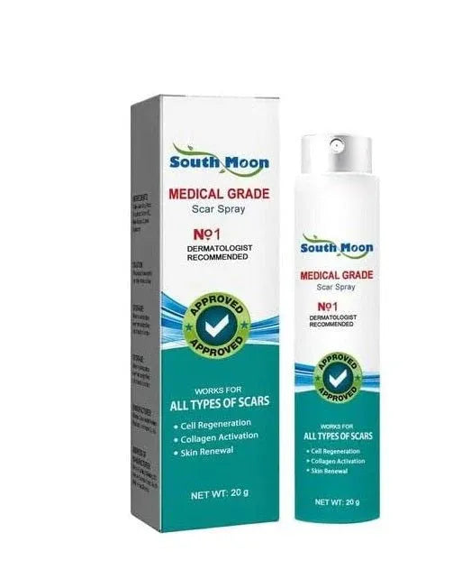 South Moon Medical Grade Scar Spray 20g for acne scars, surgical scars, burn marks, and stretch mark care.