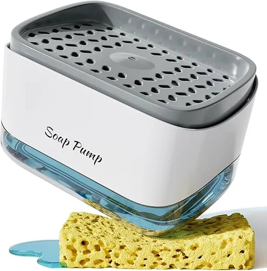 2-in-1 kitchen soap dispenser with built-in sponge holder and manual pump for easy dishwashing and sink organization.